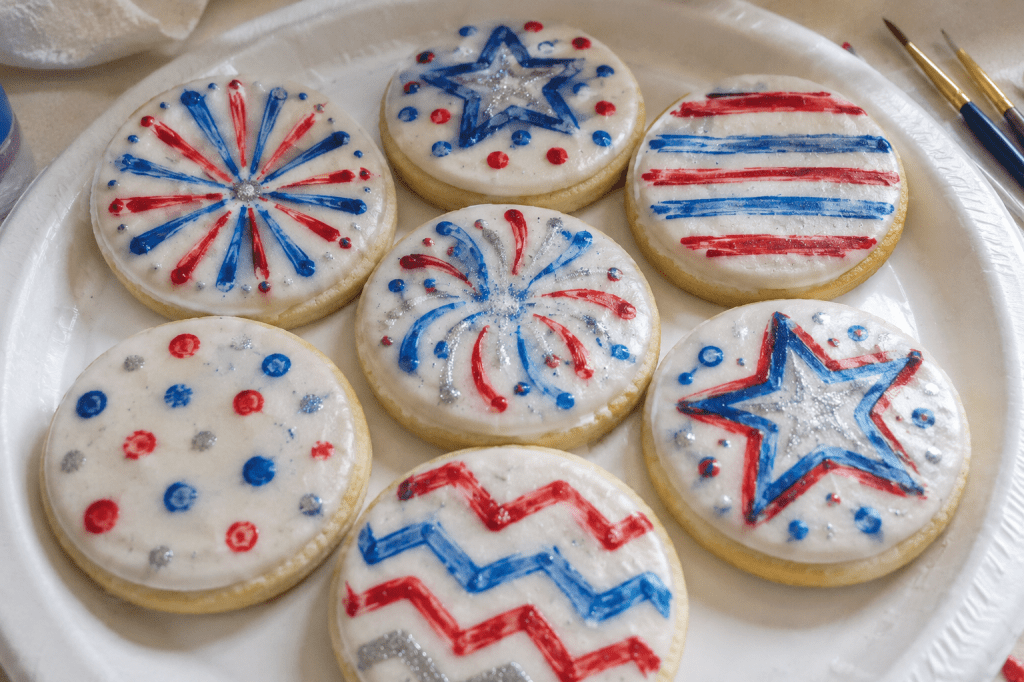 Plate of kid-painted 4th of July sugar cookies decorated with edible glitter paint in red, blue, and silver. The frosted cookies feature simple hand-painted fireworks, stars, dots, swirls, and zigzag designs with visible brush strokes and imperfect lines, creating a fun and realistic patriotic cookie painting activity for kids.