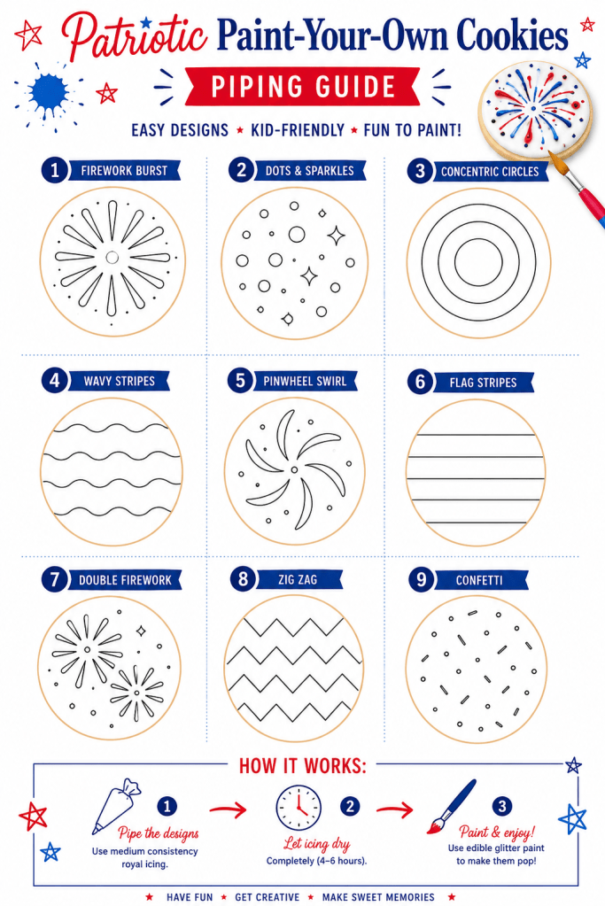 Patriotic Paint-Your-Own Cookie Piping Guide printable featuring nine easy royal icing designs for cookie painting. The one-page guide includes Firework Burst, Dots & Sparkles, Concentric Circles, Wavy Stripes, Pinwheel, Flag Stripes, Double Firework, Zig Zag, and Confetti patterns, along with simple instructions for piping, drying, and painting cookies with edible glitter paint. The printable uses a red, white, and blue 4th of July theme with stars, fireworks, and kid-friendly graphics.