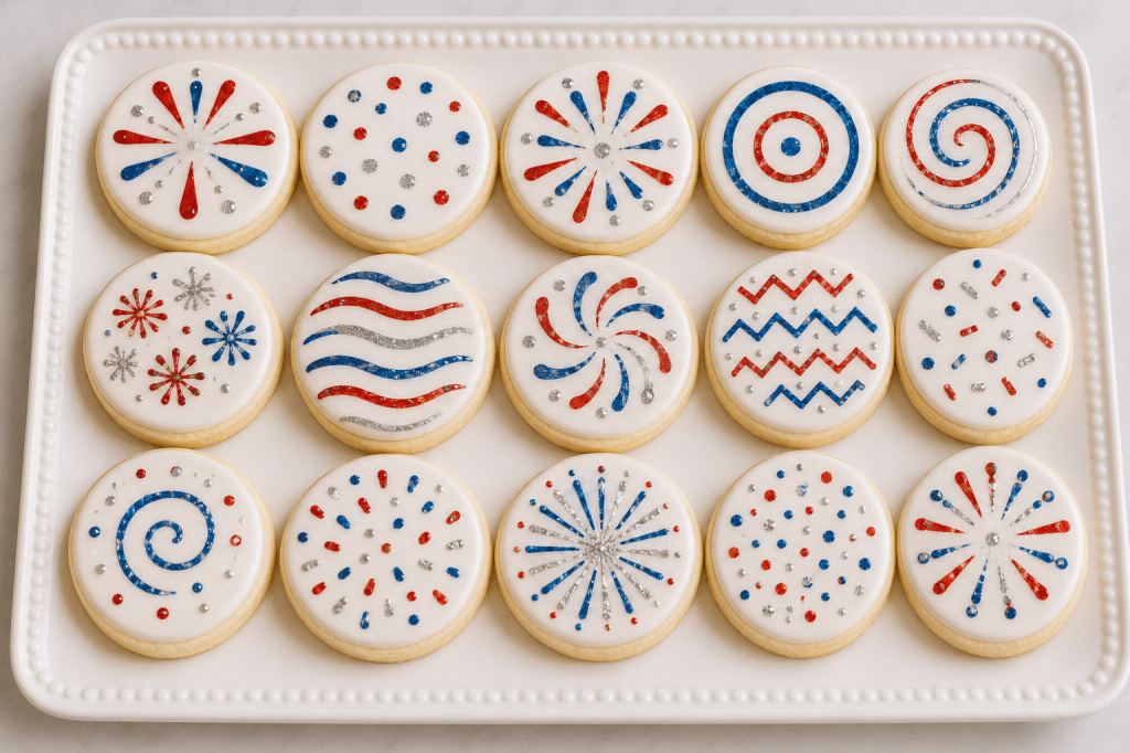 Overhead view of a white serving tray filled with patriotic paint-your-own cookies decorated in red, blue, and silver edible glitter paint. The round sugar cookies feature simple firework bursts, swirls, dots, zigzags, stripes, and confetti-inspired designs painted over smooth white icing. The glitter paint appears flat and brushed onto the surface, allowing the raised piped icing details underneath to remain visible. The cookies are arranged neatly in rows on a bright white background, creating a festive Fourth of July party activity display.