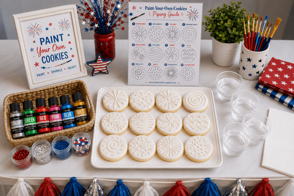 A patriotic paint-your-own cookie decorating station is set up on a white table for a 4th of July party. A tray of white-iced sugar cookies with embossed firework, swirl, stripe, and zigzag designs sits in the center, surrounded by cups of water, paintbrushes, and edible glitter paint bottles in red, blue, pink, green, silver, and gold. Framed signs display decorating inspiration and piping guide designs, while red, white, and blue party decorations, festive napkins, and sparkling accents complete the colorful party setup.