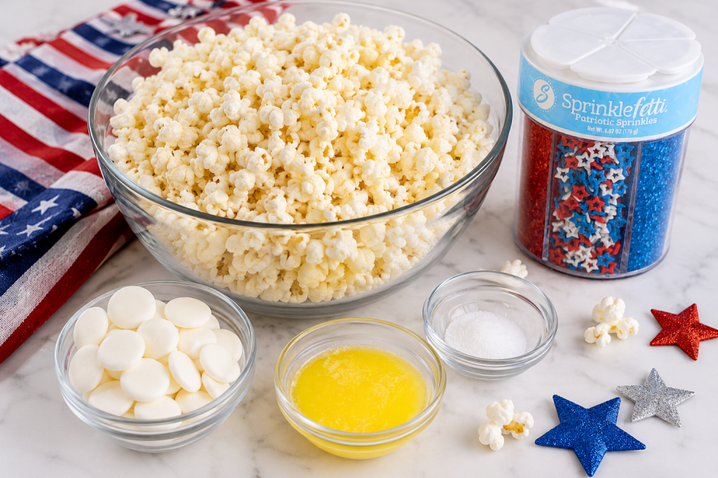 Ingredients for Firework Popcorn are arranged on a white marble countertop. A large glass bowl filled with popped popcorn sits in the center, surrounded by bowls of white chocolate melting wafers, melted butter, and salt. A container of red, white, and blue patriotic sprinkles is displayed beside the ingredients, with decorative star accents and an American flag-themed cloth in the background. The image shows everything needed to make a festive Fourth of July popcorn treat.