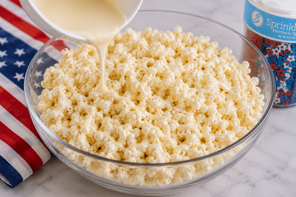 Melted white chocolate is being poured over a large bowl of freshly popped popcorn in a clear glass mixing bowl. The white chocolate creates a drizzle across the popcorn as part of making Firework Popcorn. A patriotic red, white, and blue cloth and a container of patriotic sprinkles are visible in the background, showing the preparation process for a festive Fourth of July snack.