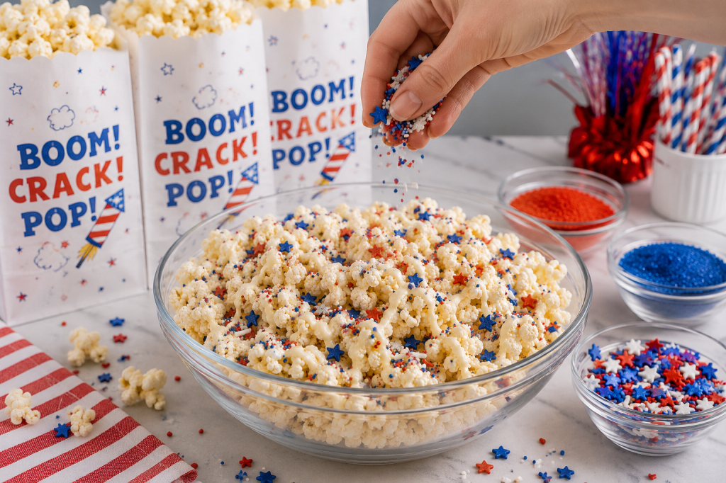 A hand sprinkles red, white, and blue patriotic sprinkles over a large bowl of popcorn during the final step of making Firework Popcorn. The popcorn sits in a clear glass bowl surrounded by bowls of colorful toppings. Festive “Boom! Crack! Pop!” popcorn bags, patriotic decorations, and striped paper straws create a fun Fourth of July party atmosphere. The image captures the process of decorating popcorn for a festive holiday treat.