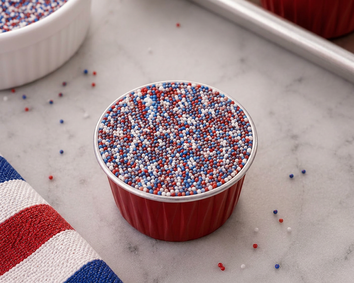 Close-up of a patriotic sprinkle dot cake in a red foil baking cup, completely covered with red, white, and blue nonpareil sprinkles. The sprinkles form a flat, densely packed layer across the top, creating a colorful textured surface. Additional sprinkle-covered cakes appear softly blurred in the background, with a few scattered sprinkles on the marble countertop and a red, white, and blue striped kitchen towel partially visible to the side.