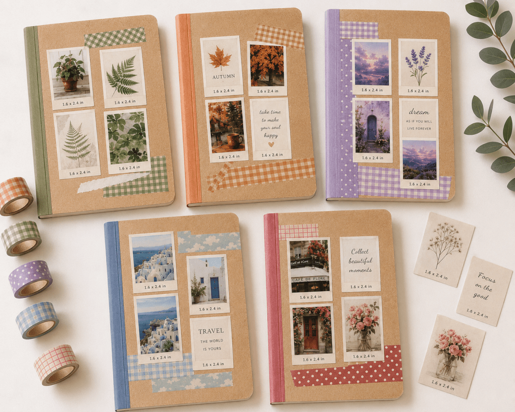 Five kraft notebooks decorated with coordinating washi tape and vintage-style washi stickers in different aesthetic themes including botanical plants, autumn, dreamy purple landscapes, travel, and floral café scenes. Each notebook features layered rectangular washi stickers and matching patterned tape, arranged on a white background with coordinating washi tape rolls and loose sticker cards for a creative back-to-school notebook decorating idea.