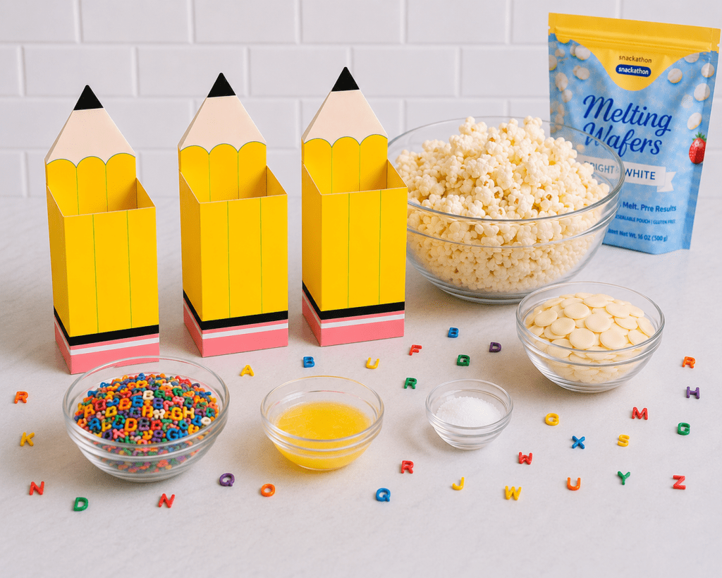 Ingredients for pencil popcorn treats arranged on a white marble countertop, including a large bowl of popcorn, two yellow pencil-shaped popcorn boxes, white melting wafers, colorful alphabet sprinkles, melted butter, salt, and candy melts in glass bowls.