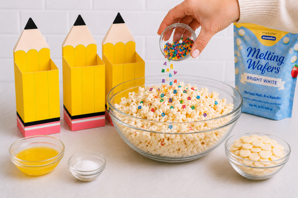 A hand sprinkles colorful alphabet letter sprinkles over a large glass bowl of freshly popped popcorn on a white countertop. Three empty yellow pencil-shaped popcorn boxes stand nearby, along with small glass bowls of melted butter, salt, and white chocolate melting wafers, creating a bright and playful back-to-school snack-making scene.