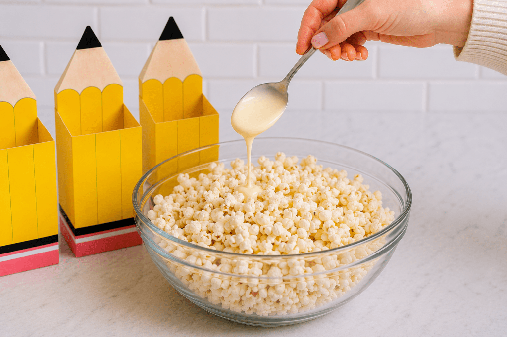 A large glass bowl of popcorn is drizzled with creamy white chocolate on a light wood tabletop, surrounded by colorful back-to-school supplies including pencils, crayons, notebooks, stacked books, and a pencil-shaped container with a "Back to School" label. The bright, cheerful scene is perfect for a festive back-to-school snack idea.