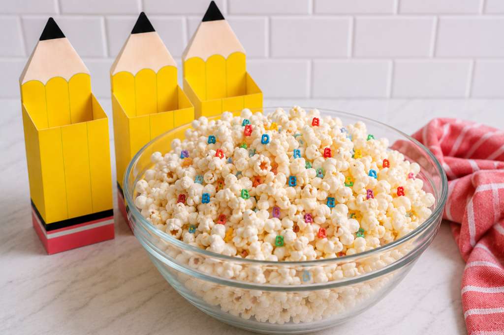 A large glass bowl of popcorn coated with white chocolate is topped with colorful alphabet-shaped candy sprinkles on a white marble countertop. Three yellow pencil-shaped treat boxes stand behind the bowl, with a soft pink kitchen towel to the side, creating a bright and cheerful back-to-school snack display.