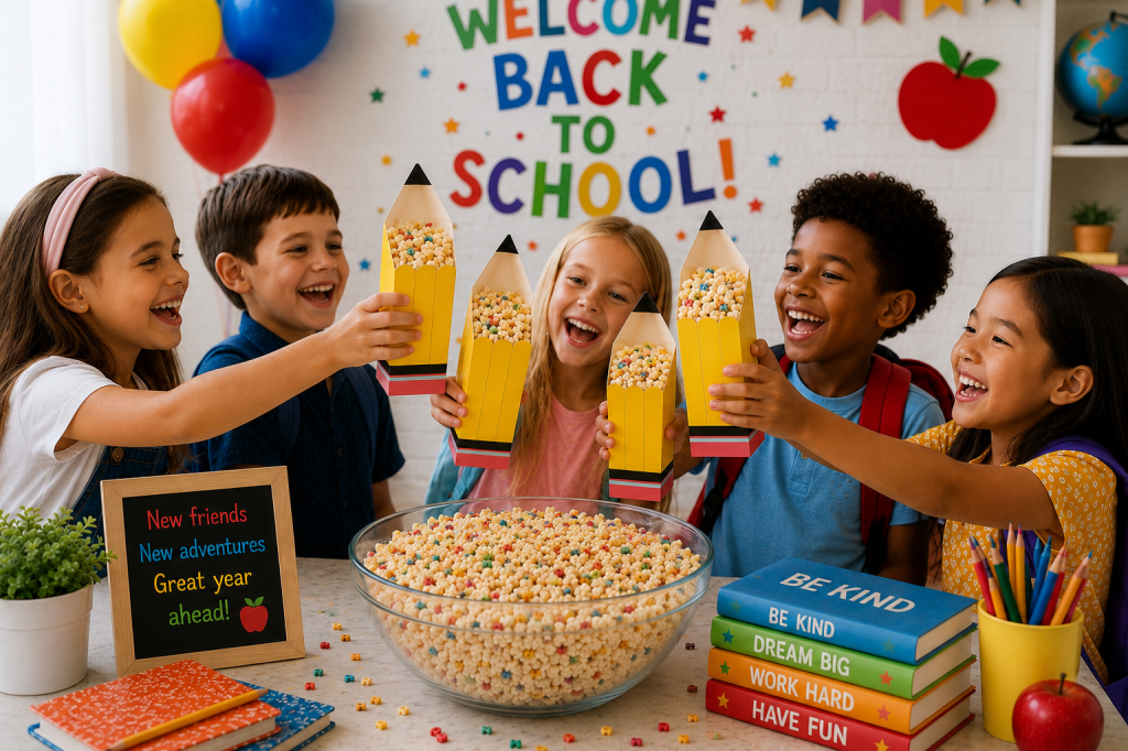 Five smiling children celebrate the first day of school in a bright classroom, raising yellow pencil-shaped popcorn boxes filled with fluffy popcorn and tiny colorful ABC alphabet sprinkles. A large glass bowl of matching popcorn sits on the table alongside books, colored pencils, apples, and a chalkboard sign reading "New friends, New adventures, Great year ahead!" Colorful balloons and a "Welcome Back to School" banner decorate the background, creating a festive back-to-school party scene.