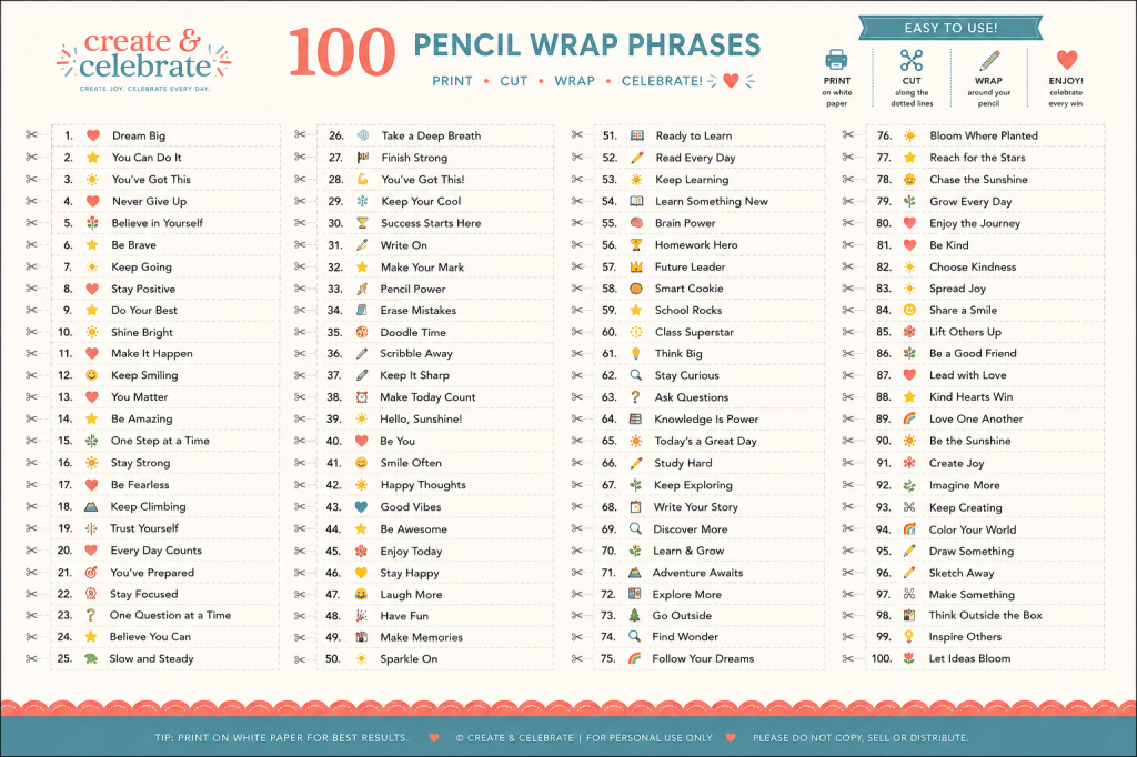 rintable sheet featuring 100 pencil wrap phrases arranged in four columns with simple motivational sayings, small decorative icons, and a clean black 8-point font. The page has a Create & Celebrate header, light cut guides, and is designed to print on standard 8.5 x 11-inch paper for wrapping around pencils with washi tape.