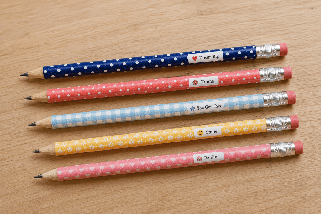 Five standard No. 2 pencils wrapped with colorful washi tape and personalized with small white printable labels featuring phrases like “Dream Big,” “Emma,” “You Got This,” “Smile,” and “Be Kind.” The finished pencils are arranged diagonally on a light wood tabletop, showing how to decorate pencils with washi tape and printable labels for classroom gifts, party favors, or back-to-school crafts.