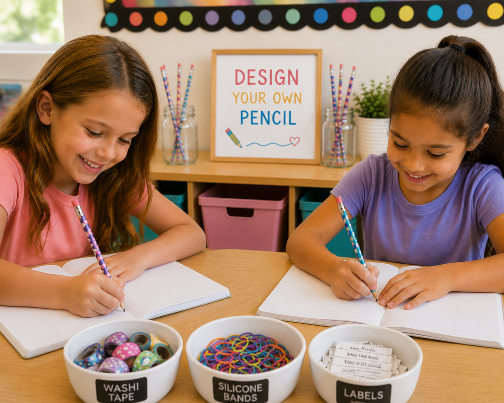 Two elementary school girls smiling as they use their decorated washi tape pencils to write in blank notebooks at a classroom table. Bowls of colorful washi tape, tiny silicone loom bands, and printable labels are neatly organized in the foreground, with a "Design Your Own Pencil" sign and finished decorated pencils displayed in the background.