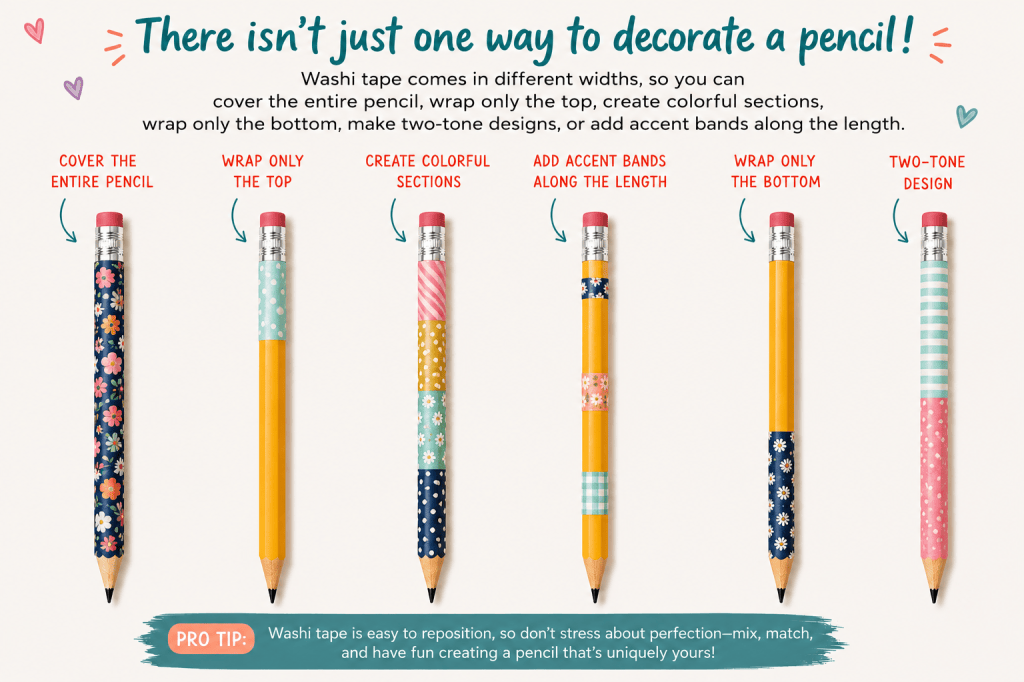 Infographic showing six creative ways to decorate a yellow pencil with colorful washi tape. Examples include covering the entire pencil with a floral print, wrapping only the top with polka dots, creating colorful sections with coordinating patterns, adding accent bands along the length, wrapping only the bottom with a daisy print, and making a two-tone striped design. A tip at the bottom explains that washi tape is easy to reposition, making it simple to mix and match patterns to create a unique pencil.
