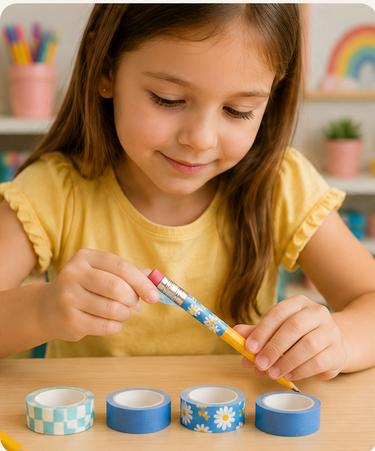 Child wrapping blue floral washi tape around a yellow pencil at a craft table. Four coordinating rolls of blue washi tape sit nearby as the child carefully smooths the tape around the pencil, demonstrating a simple and colorful pencil decorating activity for kids.