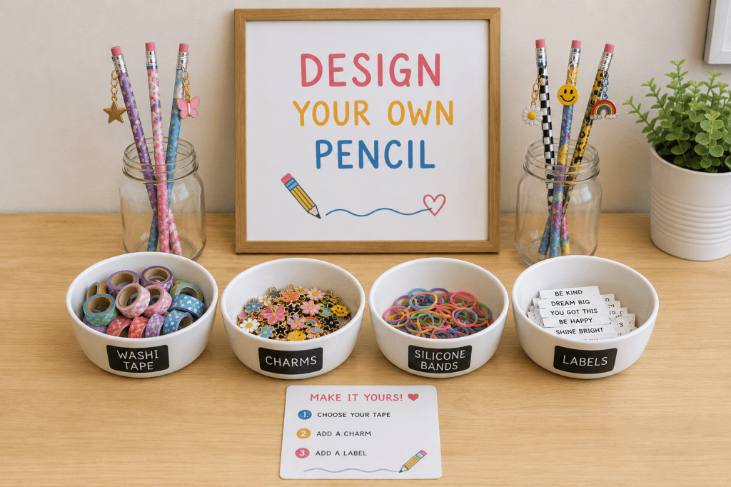 Organized classroom pencil decorating station with bowls of colorful washi tape, small silicone loom bands, charms, and printable labels. Mason jars display finished decorated pencils while a "Design Your Own Pencil" sign and simple instruction card create a fun back-to-school craft setup for kids.