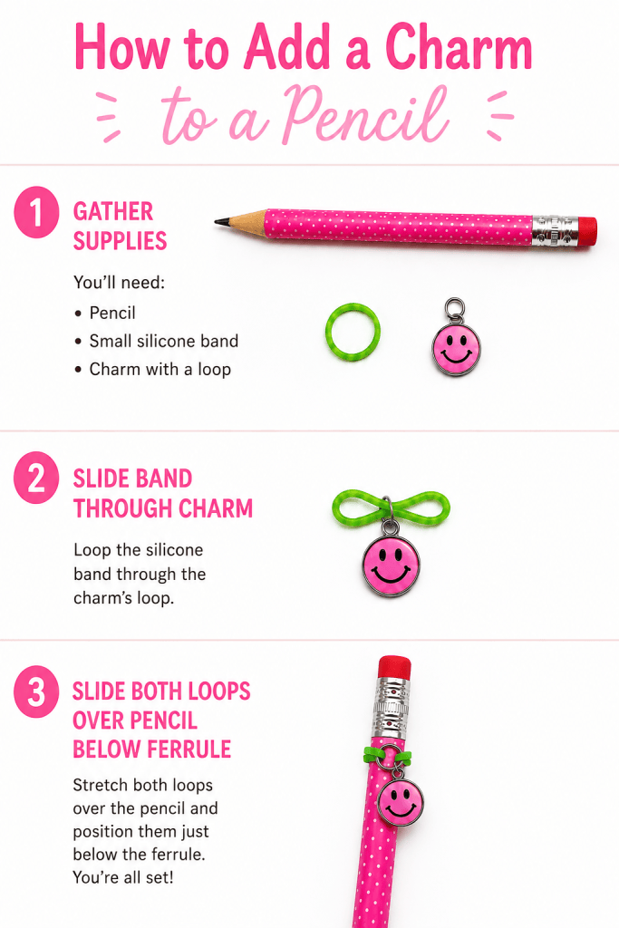 Infographic titled "How to Add a Charm to a Pencil" showing three simple steps for attaching a charm to a decorated pencil with a small silicone band. Step 1 shows the supplies: a washi tape-covered pencil, a green silicone band, and a pink smiley face charm. Step 2 shows the silicone band threaded through the charm's loop. Step 3 shows both loops of the silicone band stretched over the pencil just below the metal ferrule, securing the charm so it hangs from the side.