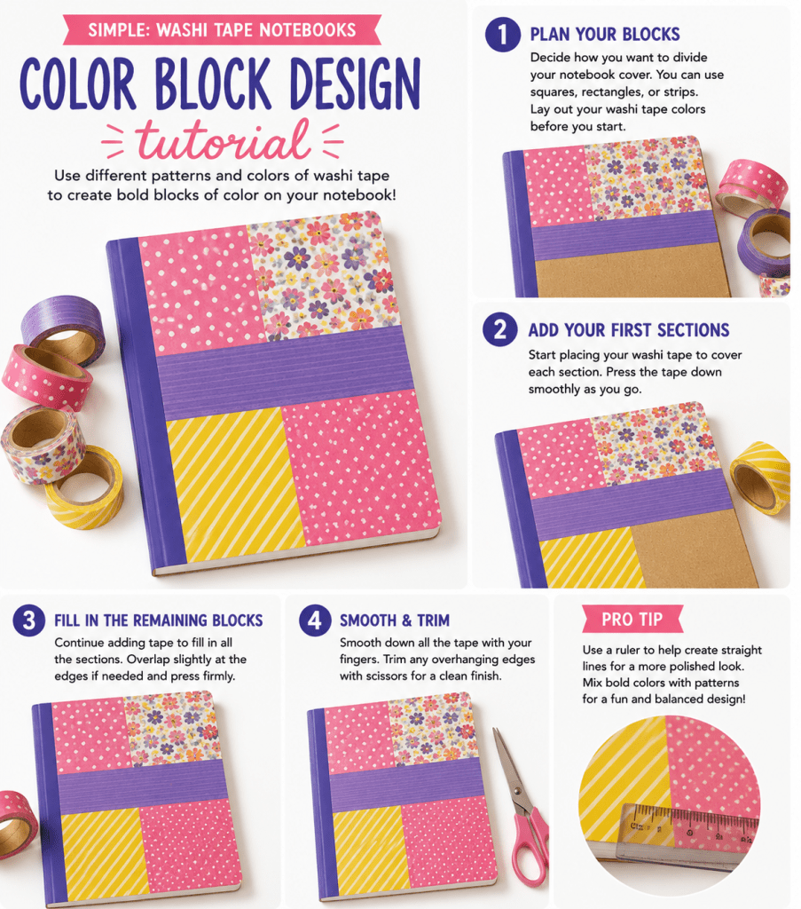 Step-by-step infographic titled "Simple: Washi Tape Notebooks – Color Block Design Tutorial." The layout shows a kraft-cover notebook with a purple spine decorated using colorful washi tape arranged in bold rectangular blocks. The finished design combines pink polka dots, a floral print, a wide purple horizontal strip, a yellow diagonal stripe pattern, and a pink geometric print. Four tutorial panels demonstrate the process: (1) plan the layout of the color blocks, (2) apply the first sections of washi tape, (3) fill in the remaining sections, and (4) smooth the tape and trim excess with scissors. Decorative rolls of coordinating pink, purple, floral, and yellow washi tape are placed around the notebook. A pro tip recommends using a ruler for straight lines and mixing bold colors with patterned tape for a balanced design.
