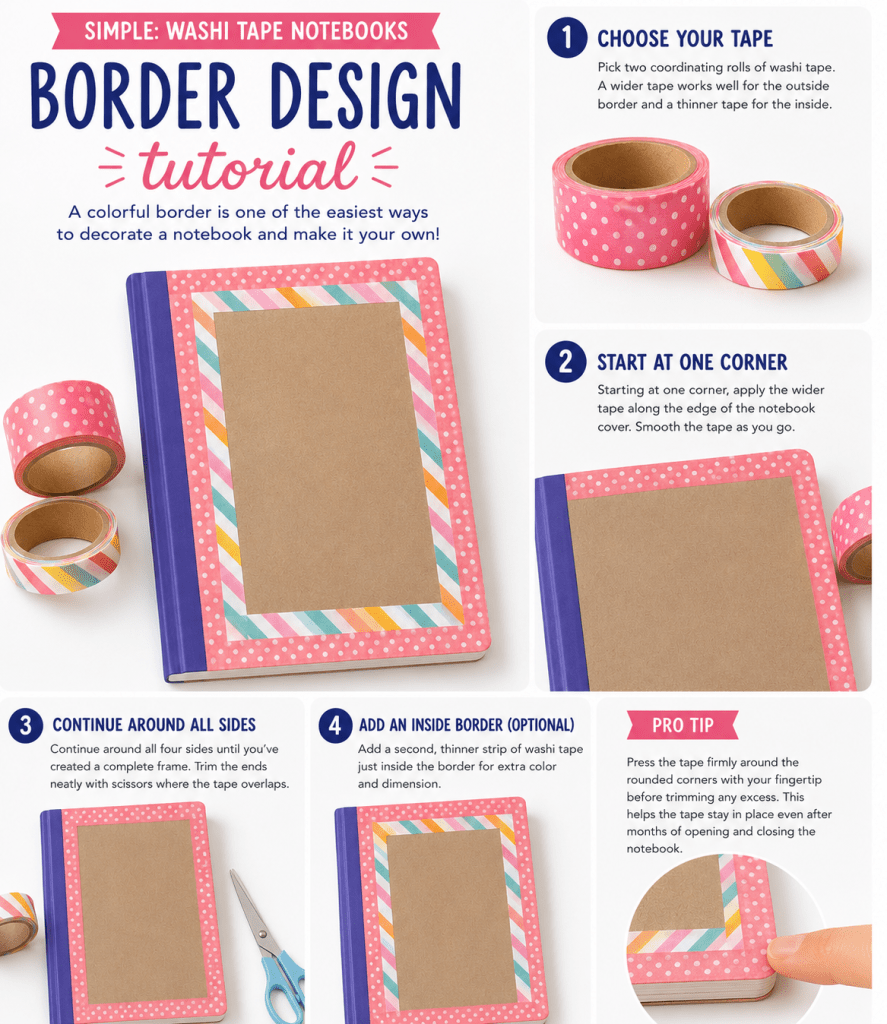 Step-by-step tutorial infographic showing how to decorate a kraft paper notebook with two coordinating washi tapes. The finished notebook features a wide pink polka dot washi tape border around the outside edge and a thinner pastel diagonal stripe washi tape border just inside it. The tutorial includes four steps: choosing two coordinating rolls of washi tape, applying the wider tape around the notebook edge, continuing around all four sides and trimming the ends with scissors, and adding the thinner inner border for extra color and dimension. A pro tip includes a close-up showing a fingertip pressing the tape firmly around a rounded corner for a smooth, long-lasting finish. The infographic is arranged on a clean white background with photos of the notebook, washi tape rolls, scissors, and close-up details.