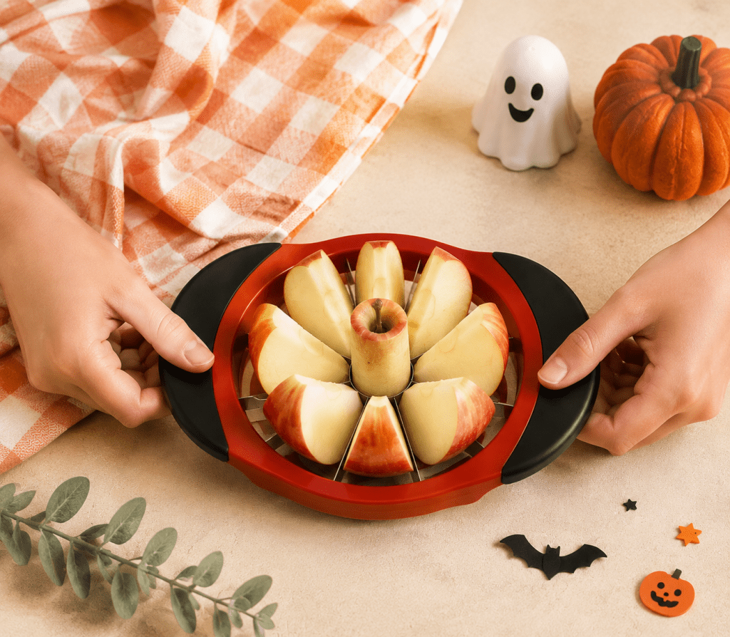 Hands pressing a red and black apple slicer through a whole apple to create evenly cut apple wedges, styled on a warm cream countertop with Halloween decorations including a ghost, pumpkin, and fall accents.