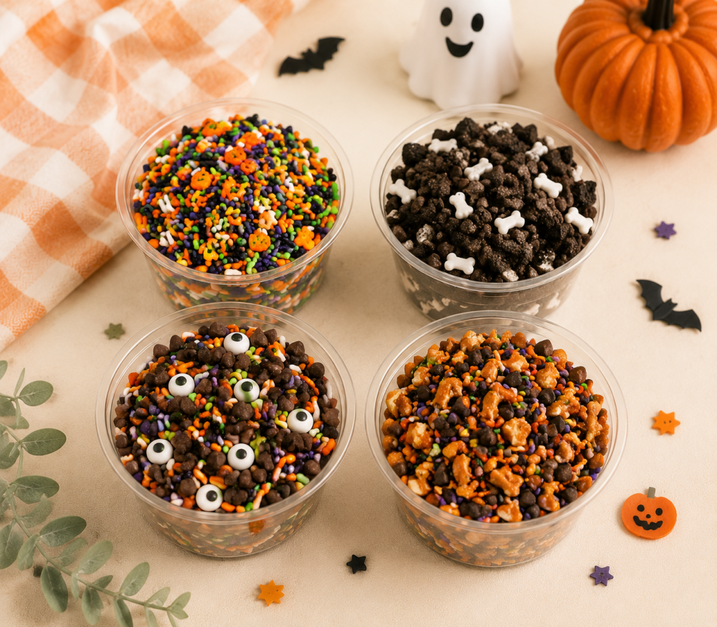 Four clear cups filled with Halloween caramel apple topping combinations, including colorful sprinkles, crushed cookies with bone sprinkles, candy eyes with chocolate chips, and a sweet and salty pretzel mix, styled on a warm cream tabletop with pumpkins and Halloween decorations.