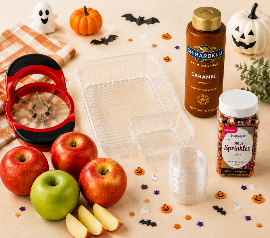 Halloween caramel apple nacho ingredients arranged on a warm beige tabletop with red and green apples, apple slices, an apple slicer, clear serving trays and cups with lids, caramel sauce, Halloween sprinkles, and festive ghost, pumpkin, bat, and confetti decorations.
