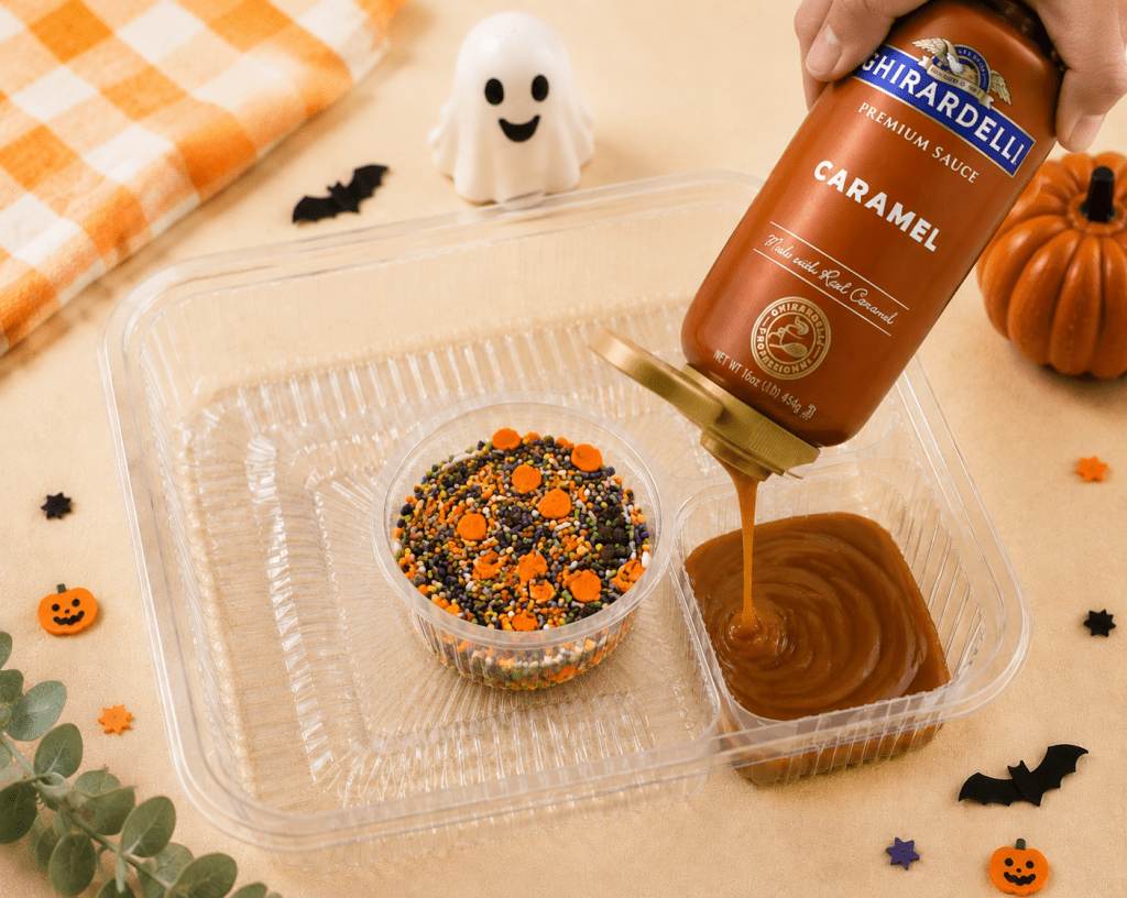 Clear divided tray prepared for Halloween apple nachos with a 2-ounce cup filled with colorful Halloween sprinkles in the center and Ghirardelli caramel sauce being poured into the separate dipping compartment, styled with festive pumpkins, a ghost, bats, and a warm cream Halloween backdrop.