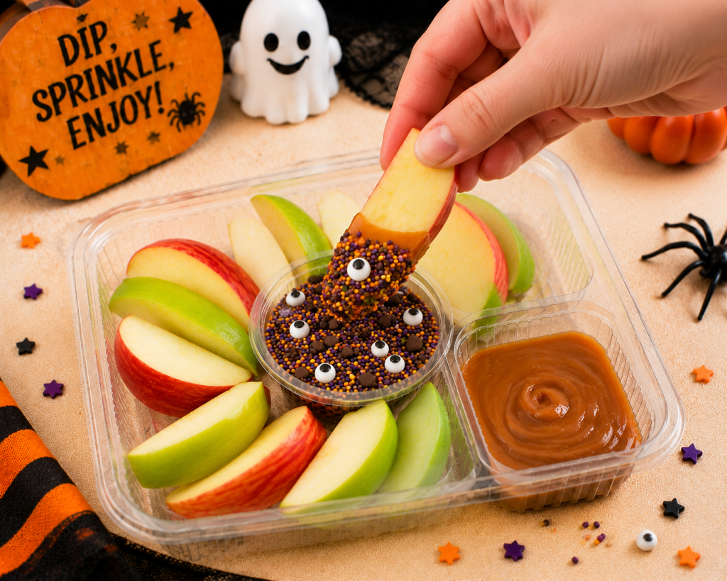 A hand dips a caramel-coated apple slice into a 2-ounce cup of Halloween Monster Crunch toppings inside a clear divided tray filled with sliced red and green apples and caramel dip, showing the fun dip-and-sprinkle process on a festive Halloween tabletop.