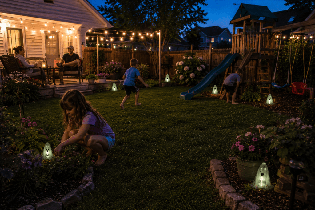 Kids search for small glowing ghosts hidden around a backyard garden while parents watch from the patio during a fun Halloween evening.