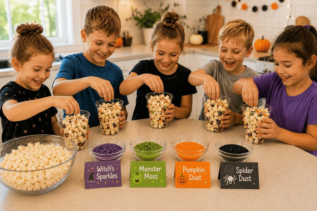 Five children happily make Halloween popcorn potions in a bright kitchen, adding colorful toppings from bowls of purple Witch’s Sparkles, green Monster Moss, orange Pumpkin Dust, and black Spider Dust.